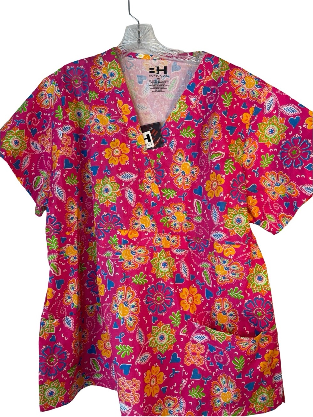 Scrub top Floral V-Neck floral print and Bright Pink